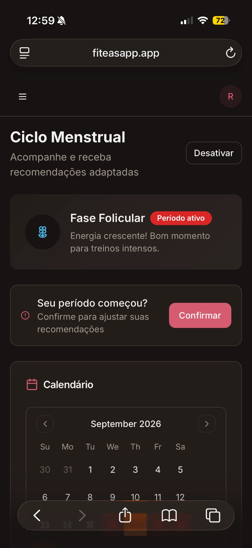 Tela do Fit Elas: Se adapta ao seu ciclo