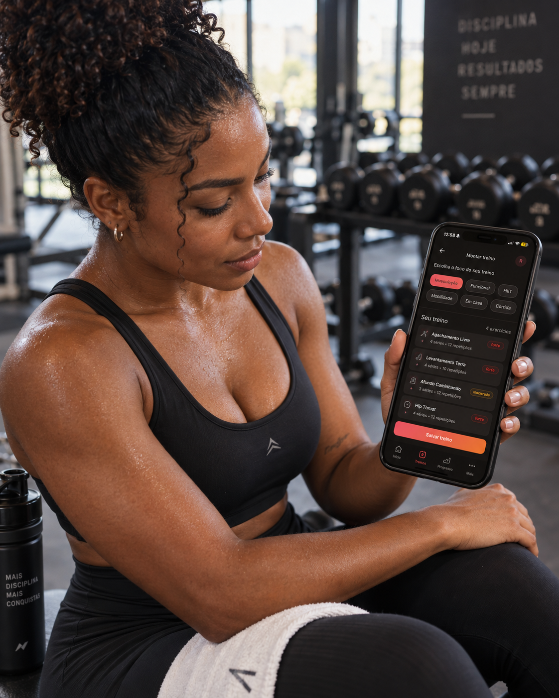 Mulher após o treino usando o Fit Elas no celular
